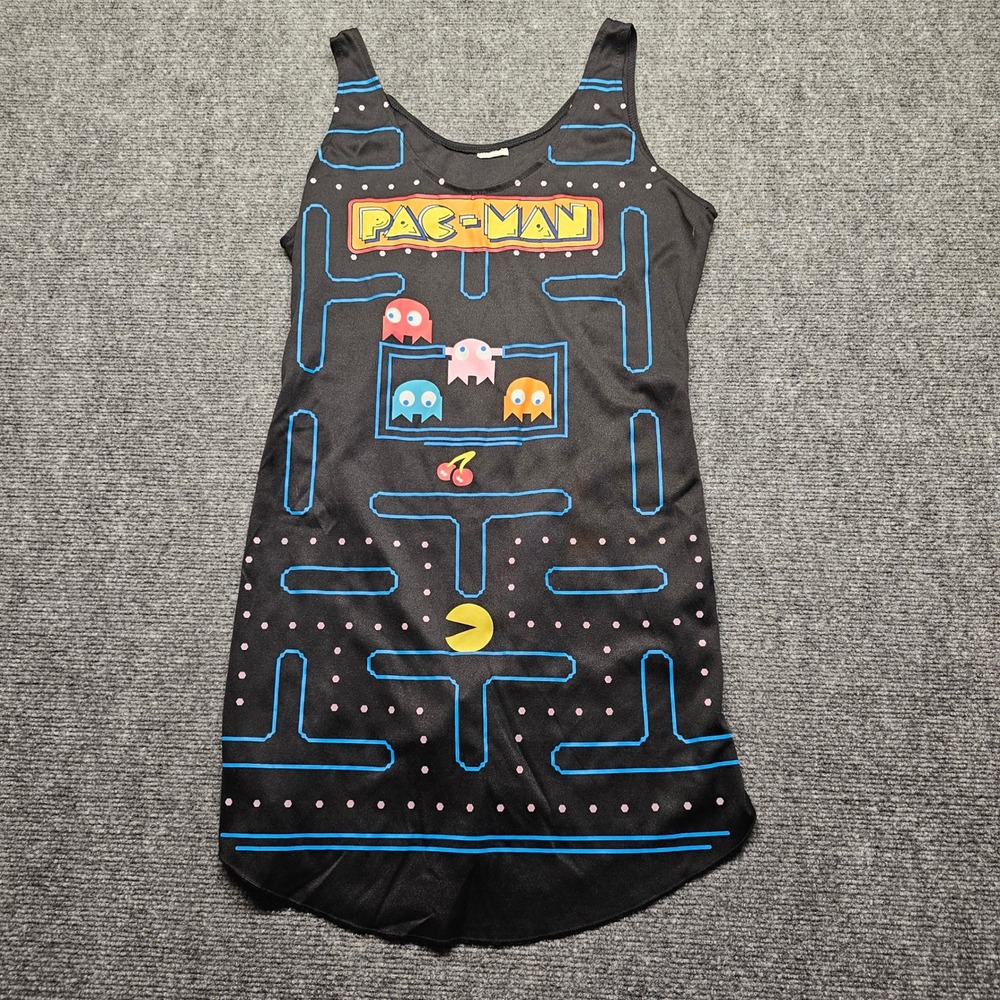 Pac-Man Arcade Game Graphic Tank Dress Black Sleeveless Tie Back Mini Small